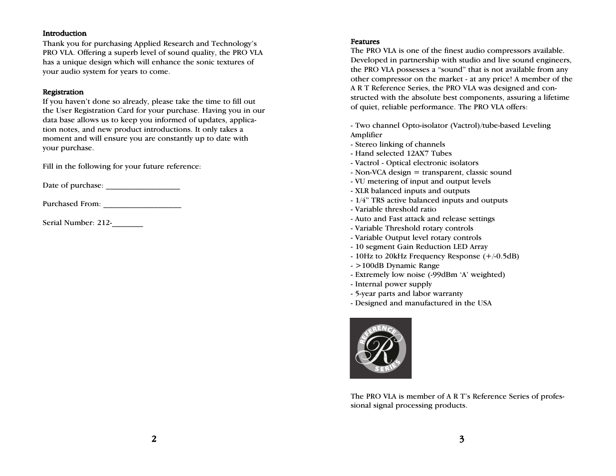 Introduction, Registration, Features | Introduction 2 registration | ART Pro Audio Pro VLA - Pro Two Channel Compressor with Vactrol User Manual | Page 3 / 9