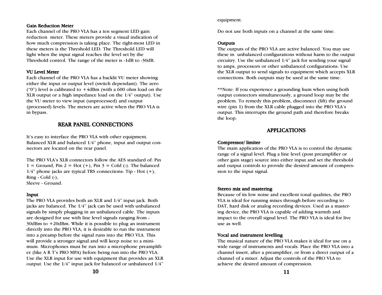 Gain reduction meter, Vu level meter, Rear panel connections | Input, Output, Applications | ART Pro Audio Pro VLA - Pro Two Channel Compressor with Vactrol User Manual | Page 7 / 9