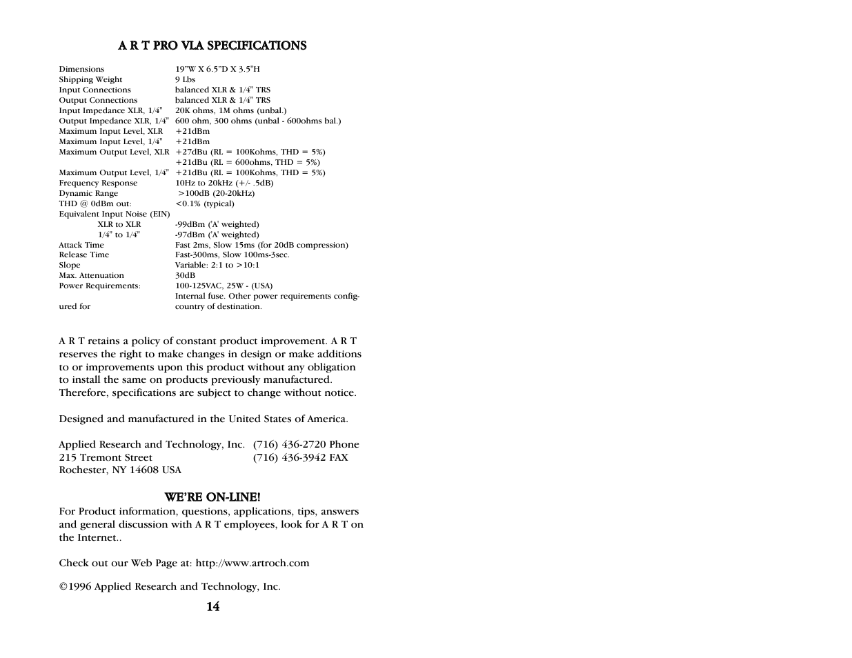 Pro vla specifications, On-line information | ART Pro Audio Pro VLA - Pro Two Channel Compressor with Vactrol User Manual | Page 9 / 9
