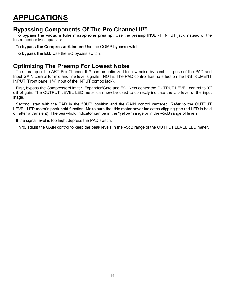 Applications, Bypassing components of the pro channel ii, Optimizing the preamp for lowest noise | ART Pro Audio ProChannel II User Manual | Page 15 / 20