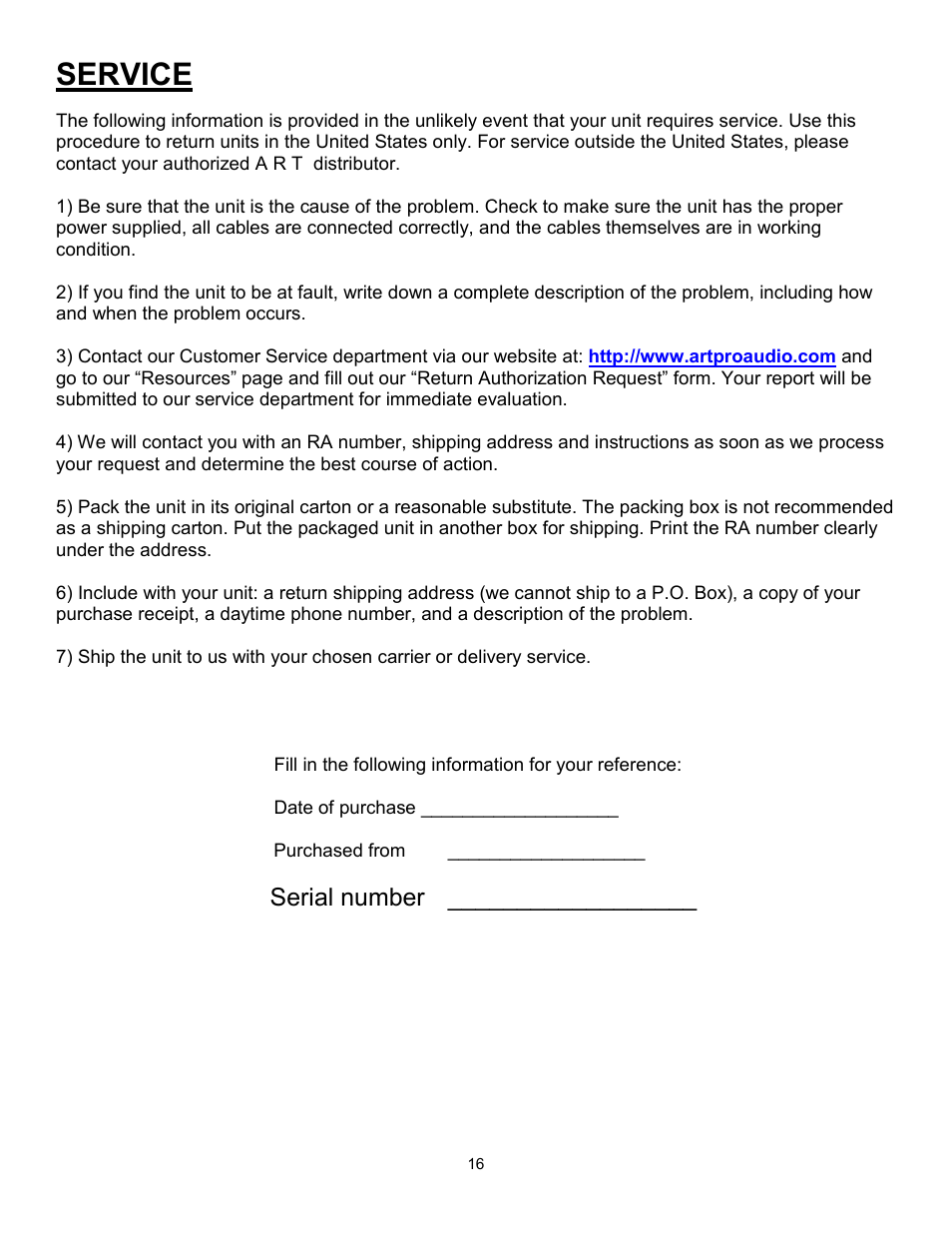 Service, Serial number | ART Pro Audio ProChannel II User Manual | Page 17 / 20