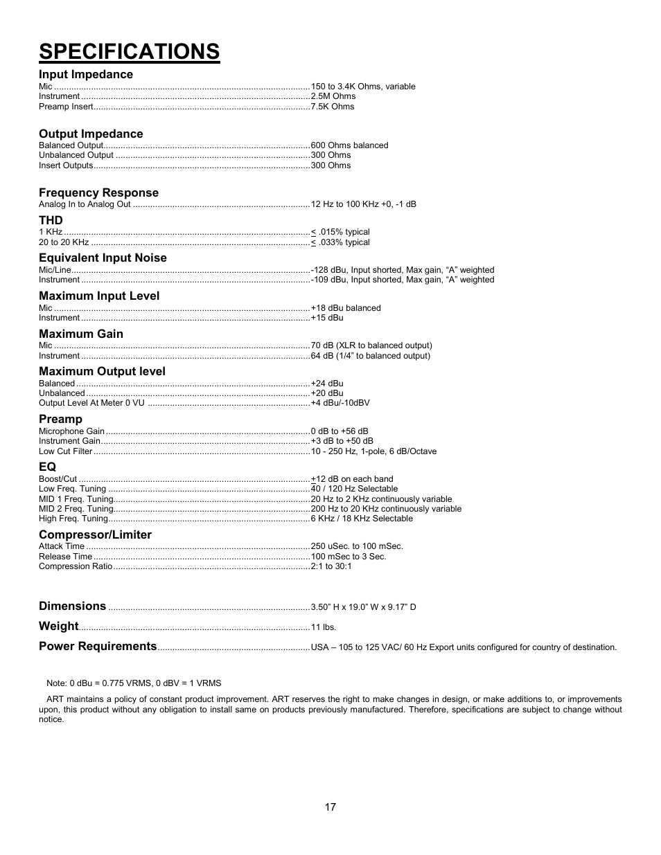 Specifications | ART Pro Audio ProChannel II User Manual | Page 18 / 20