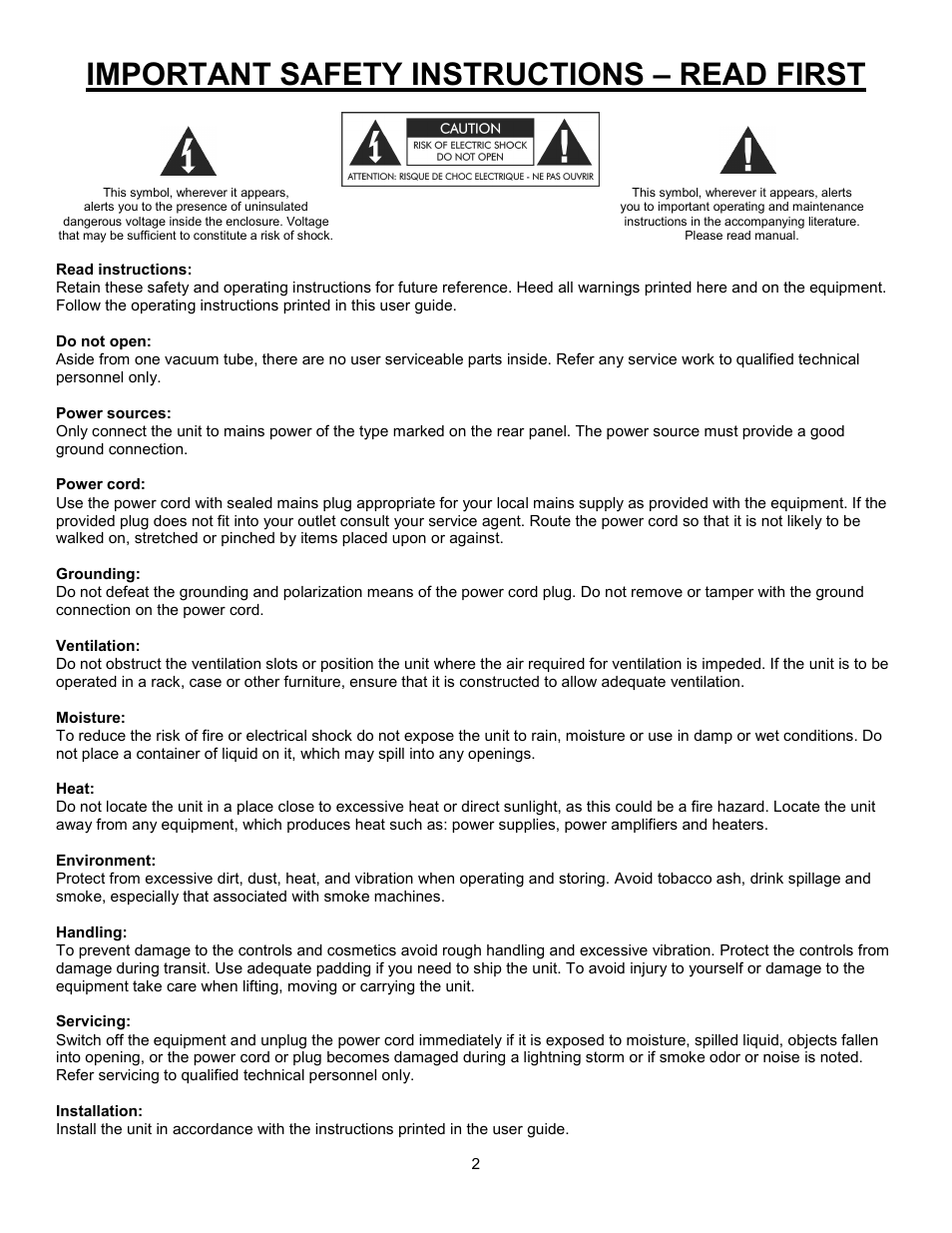 Uimportant safety instructions – read first, Important safety instructions – read first | ART Pro Audio ProChannel II User Manual | Page 3 / 20