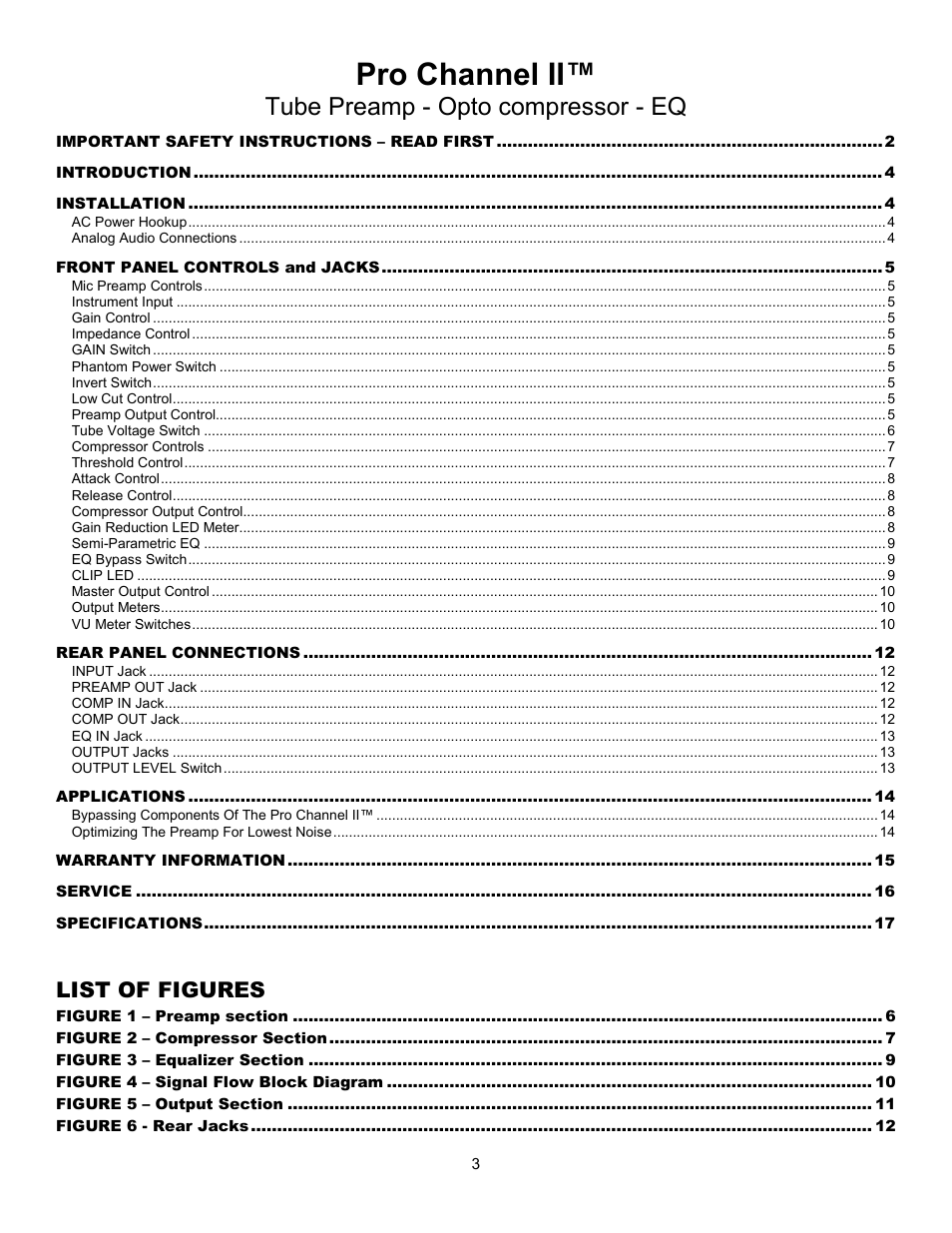 Pro channel ii, Tube preamp - opto compressor - eq, List of figures | ART Pro Audio ProChannel II User Manual | Page 4 / 20