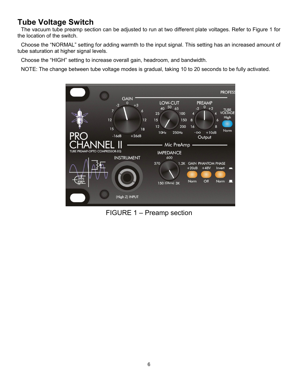 Tube voltage switch, Figure 1 – preamp section | ART Pro Audio ProChannel II User Manual | Page 7 / 20