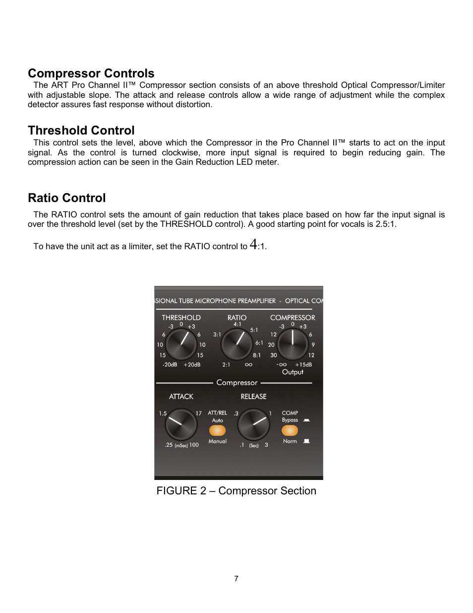 Compressor controls, Threshold control, Figure 2 – compressor section | Ratio control | ART Pro Audio ProChannel II User Manual | Page 8 / 20
