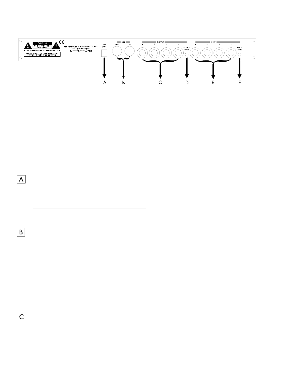 Rear panel controls, Power jack input, Midi connections | Outputs 1-4, Quadra/fx rear panel controls and connections, Midi in & midi out, Outputs #1–4, Quadra/fx rear panel controls & connections | ART Pro Audio Quadra/Fx - Two Channel Effects Processor User Manual | Page 16 / 76