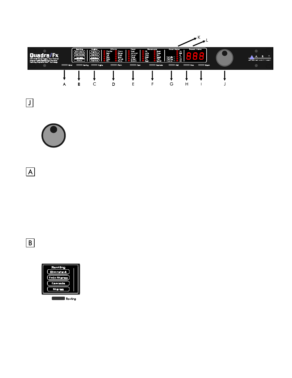 Front panel controls, Rotary encoder switch, Power | Routing button, Quadra/fx front panel controls and indicators, Rotary encoder/switch, Quadra/fx front panel controls & indicators, Rotary encoder / switch | ART Pro Audio Quadra/Fx - Two Channel Effects Processor User Manual | Page 9 / 76