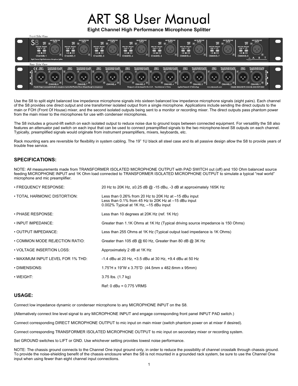 ART Pro Audio S8 - Eight Channel Mic Splitter User Manual | 2 pages