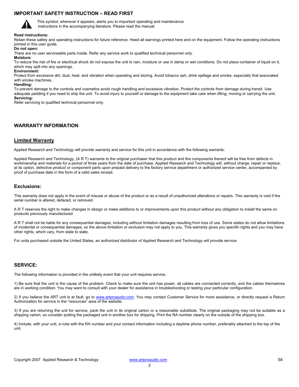 Limited warranty | ART Pro Audio S8 - Eight Channel Mic Splitter User Manual | Page 2 / 2
