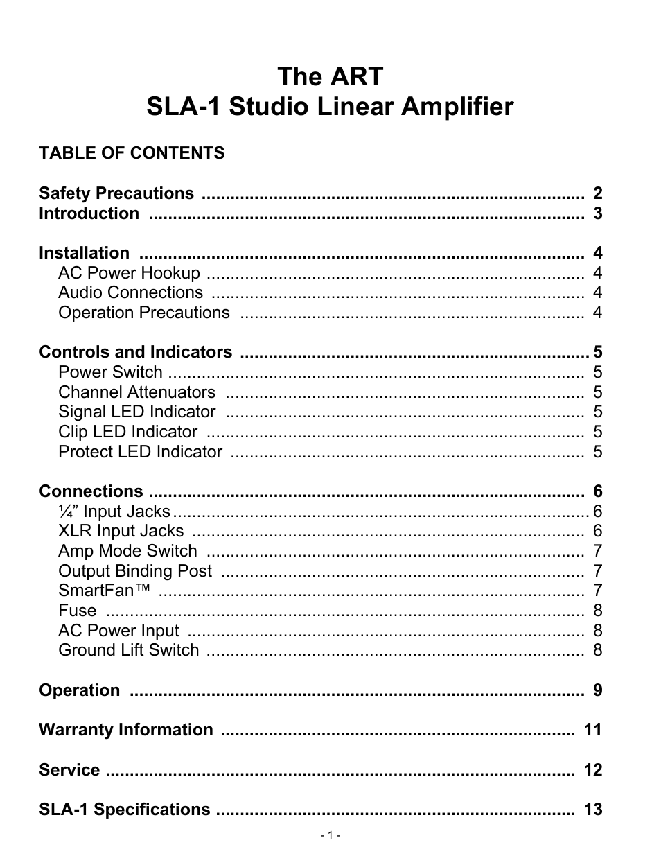 ART Pro Audio SLA1 - 100W Power Amplifier User Manual | 13 pages