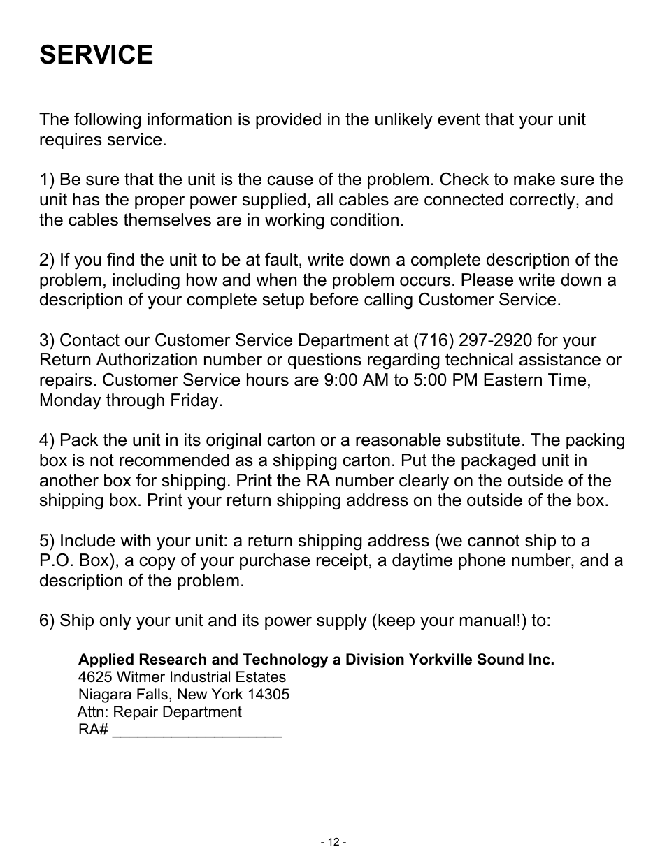 Service | ART Pro Audio SLA1 - 100W Power Amplifier User Manual | Page 12 / 13