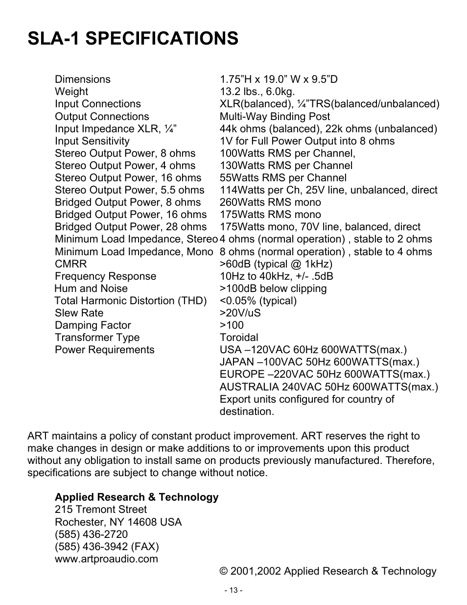 Sla-1 specifications | ART Pro Audio SLA1 - 100W Power Amplifier User Manual | Page 13 / 13