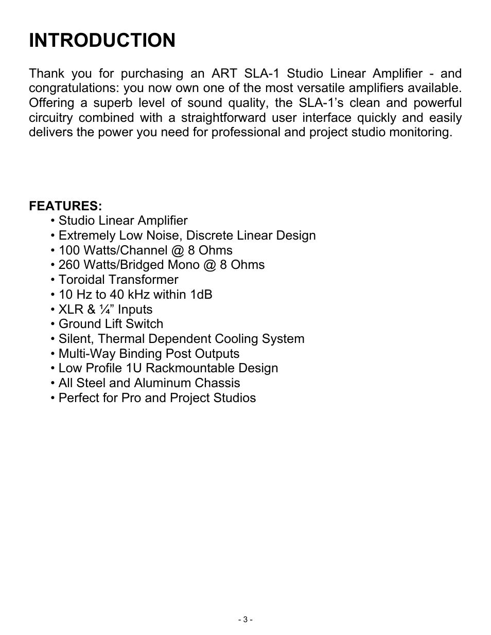 Introduction | ART Pro Audio SLA1 - 100W Power Amplifier User Manual | Page 3 / 13