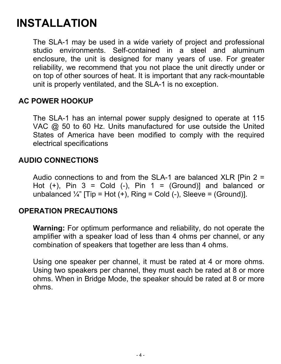 Installation | ART Pro Audio SLA1 - 100W Power Amplifier User Manual | Page 4 / 13