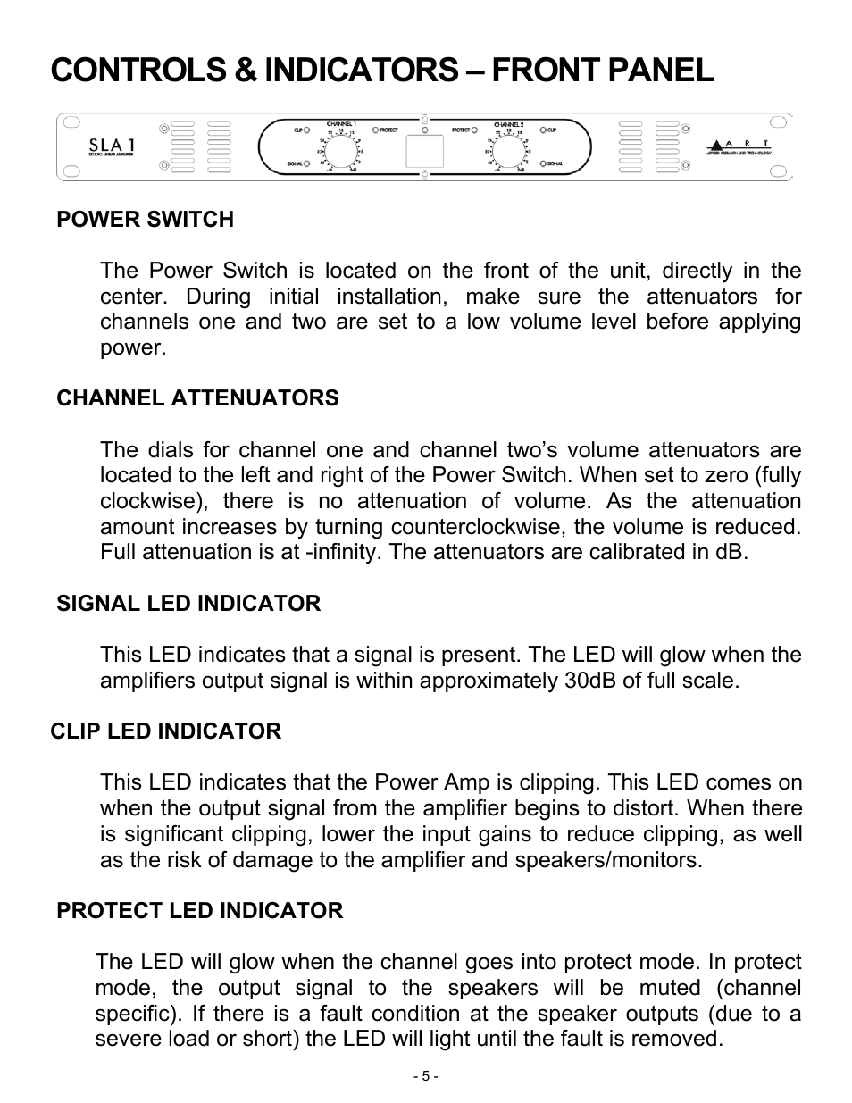 Controls & indicators – front panel | ART Pro Audio SLA1 - 100W Power Amplifier User Manual | Page 5 / 13