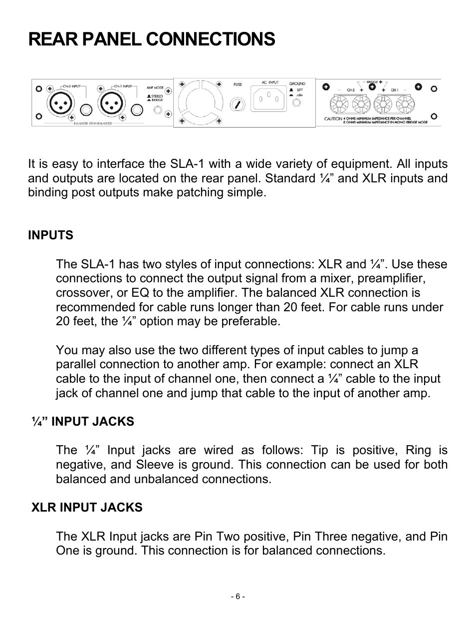 Rear panel connections | ART Pro Audio SLA1 - 100W Power Amplifier User Manual | Page 6 / 13