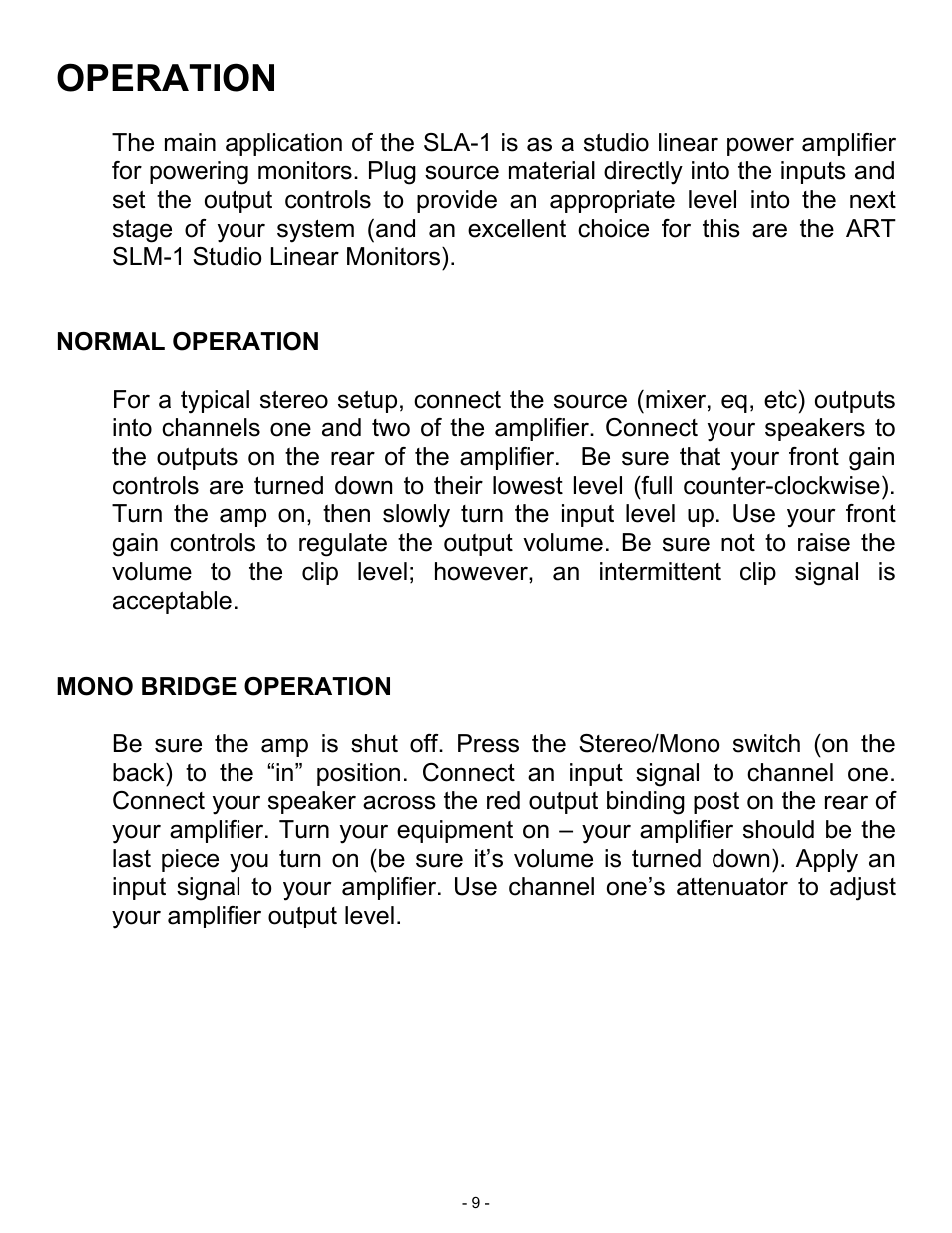 Operation | ART Pro Audio SLA1 - 100W Power Amplifier User Manual | Page 9 / 13