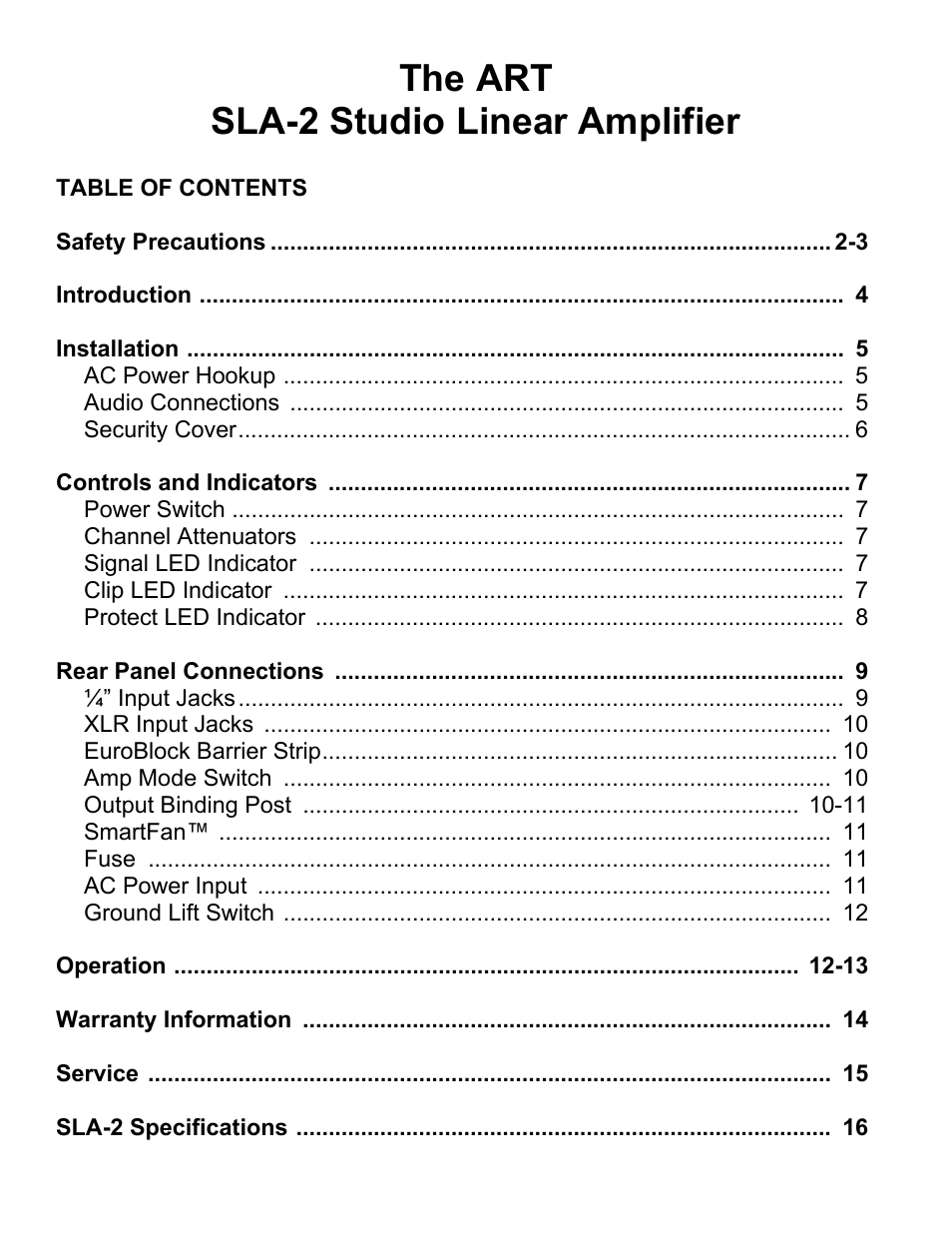 ART Pro Audio SLA2 - 200W Power Amplifier User Manual | 16 pages