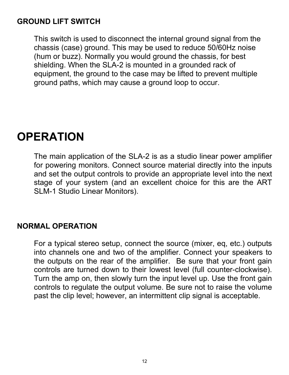 Operation | ART Pro Audio SLA2 - 200W Power Amplifier User Manual | Page 12 / 16