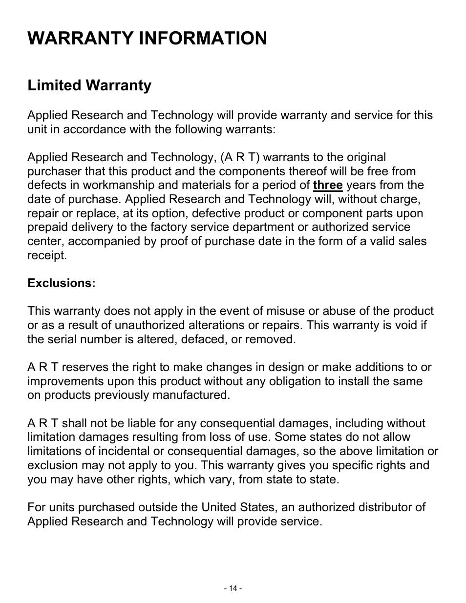 Warranty information, Limited warranty | ART Pro Audio SLA2 - 200W Power Amplifier User Manual | Page 14 / 16