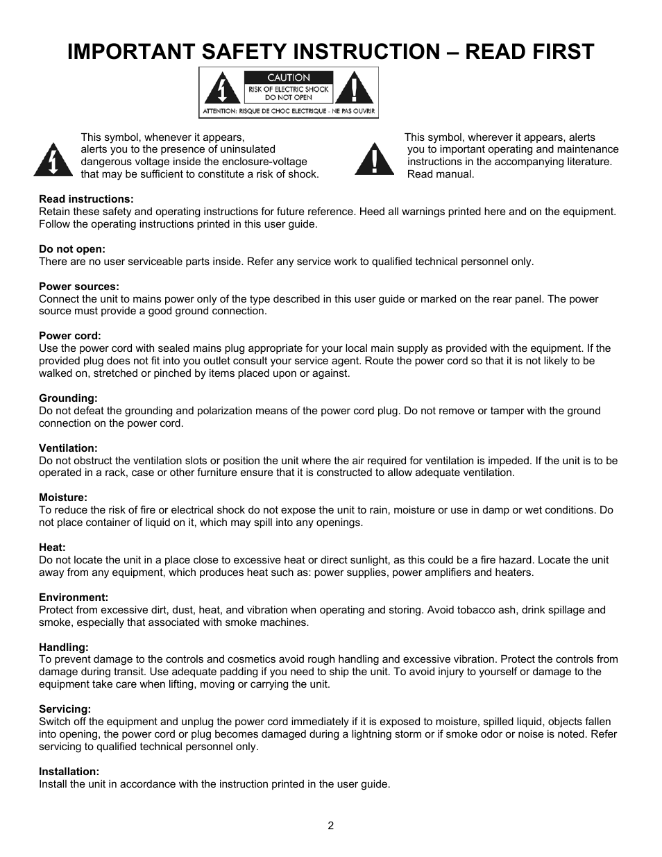 Important safety instruction – read first | ART Pro Audio SLA2 - 200W Power Amplifier User Manual | Page 2 / 16