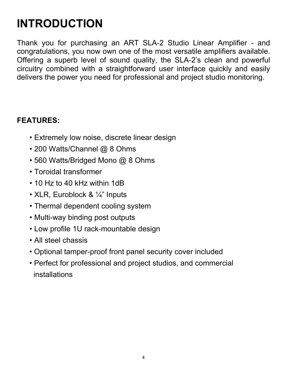 Introduction | ART Pro Audio SLA2 - 200W Power Amplifier User Manual | Page 4 / 16