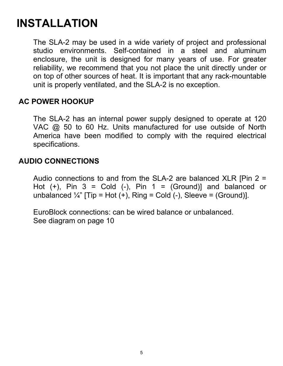 Installation | ART Pro Audio SLA2 - 200W Power Amplifier User Manual | Page 5 / 16