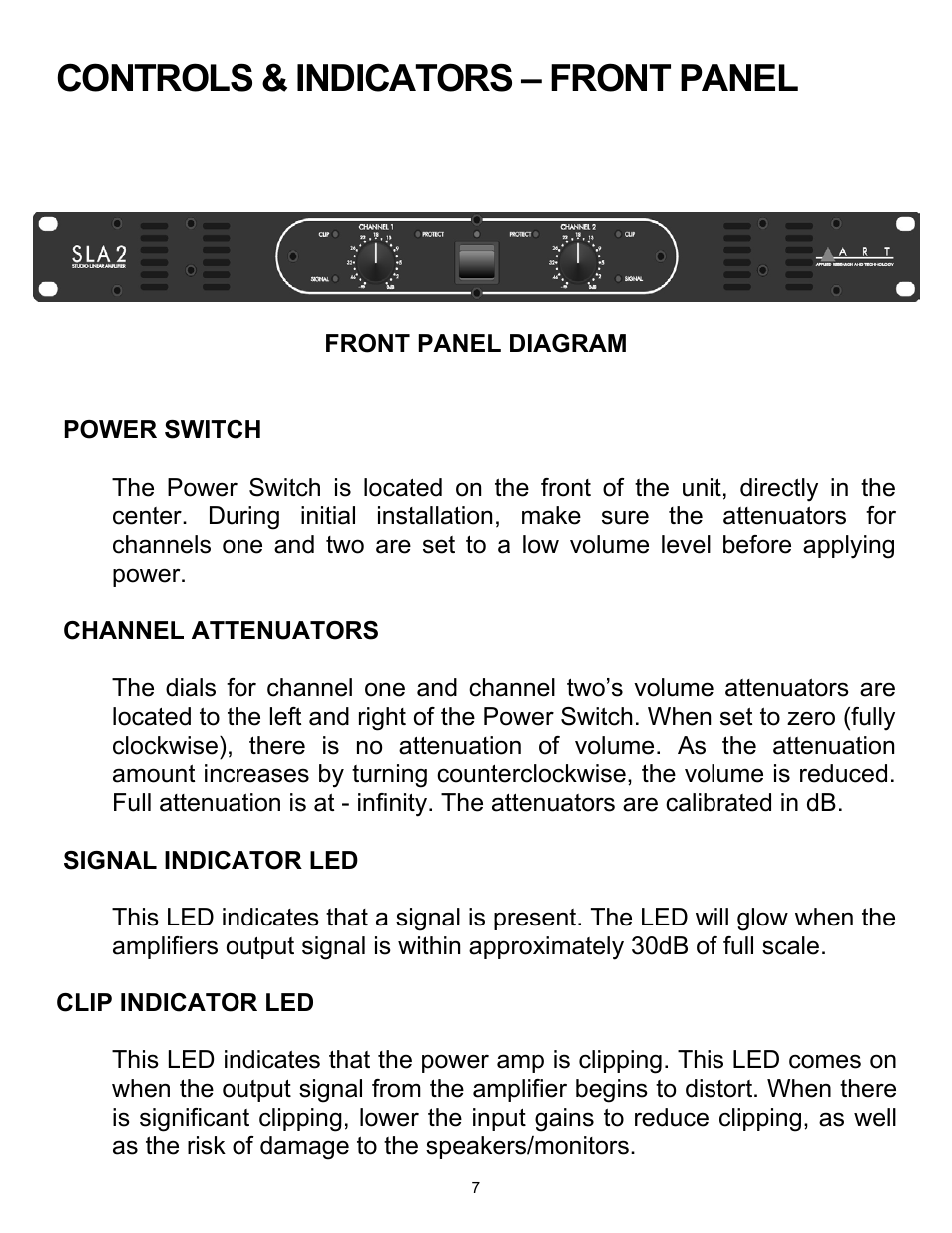 Controls & indicators – front panel | ART Pro Audio SLA2 - 200W Power Amplifier User Manual | Page 7 / 16