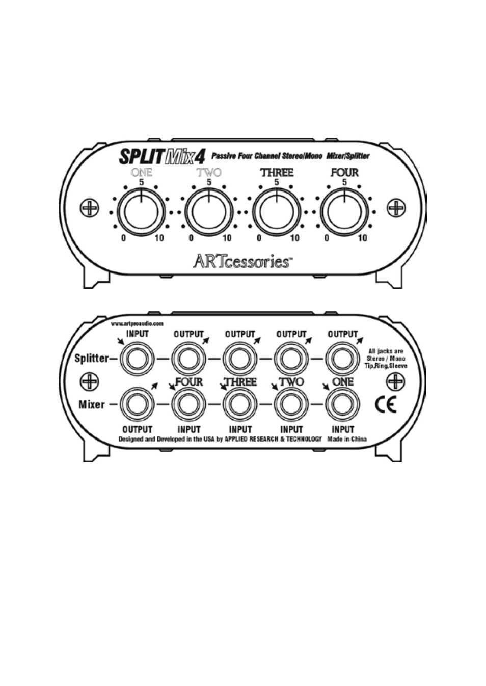 Front and rear unit layout | ART Pro Audio SPLITMix4 - Four Channel Passive Splitter/Mixer User Manual | Page 9 / 16
