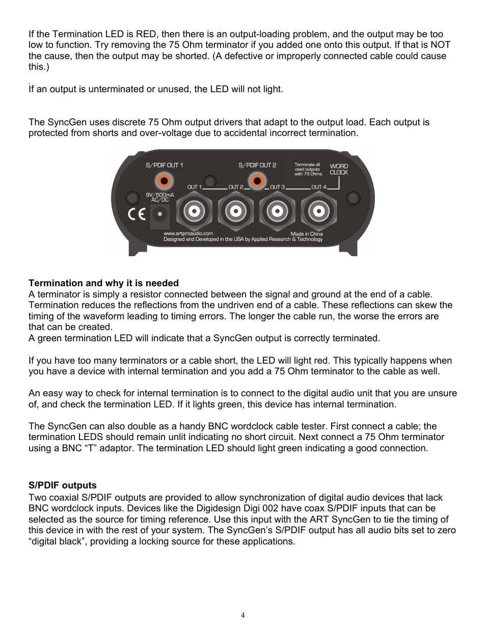 S/pdif outputs | ART Pro Audio SyncGen - Word-Clock Generator User Manual | Page 5 / 12
