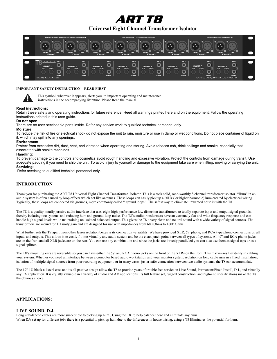 ART Pro Audio T8 - 8 Channel Transformer / Isolator User Manual | 2 pages