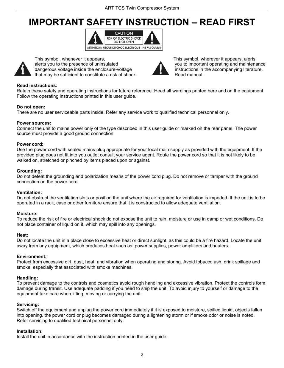 ART Pro Audio TCS - Twin Compressor System User Manual | 20 pages