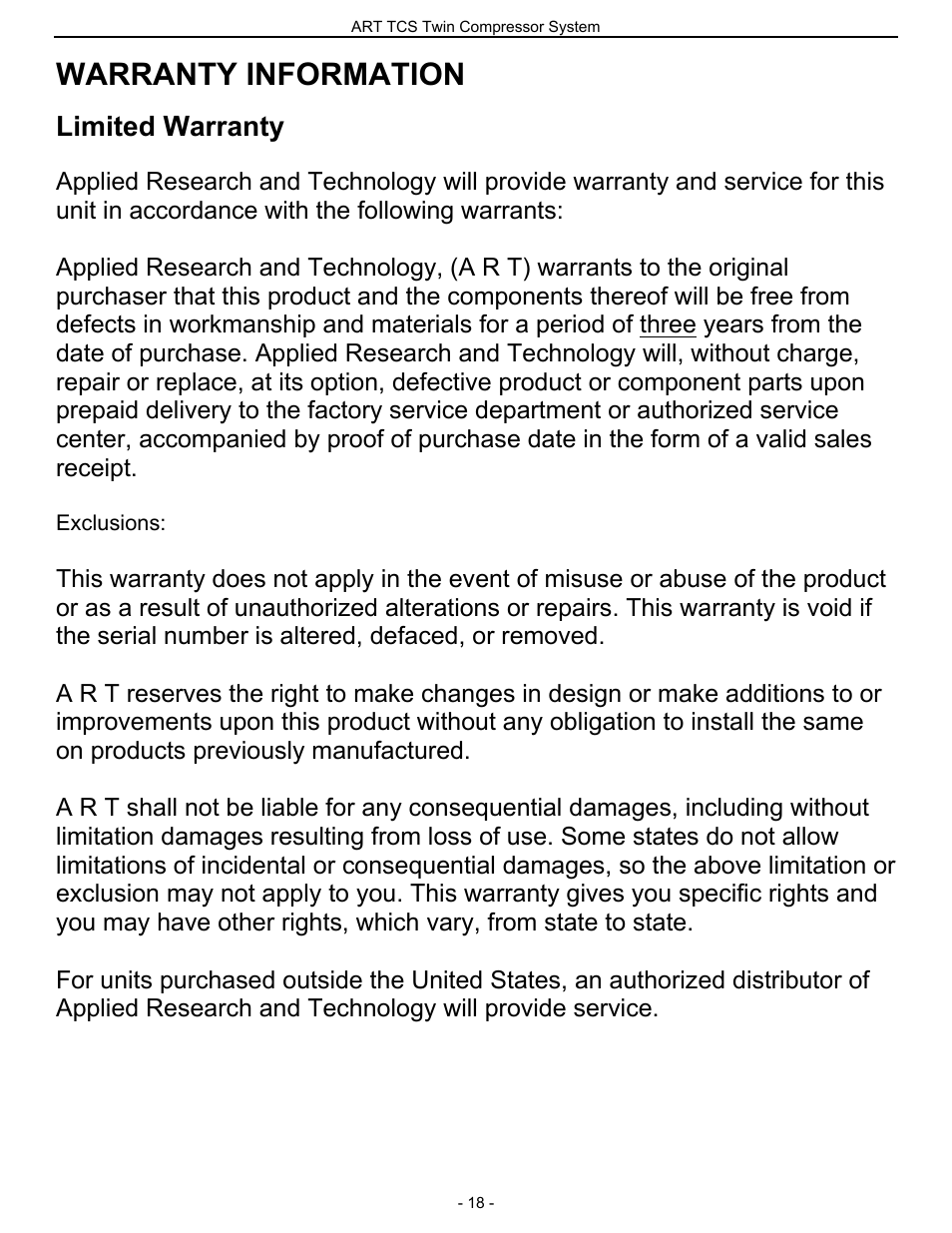 Warranty information, Limited warranty | ART Pro Audio TCS - Twin Compressor System User Manual | Page 17 / 20