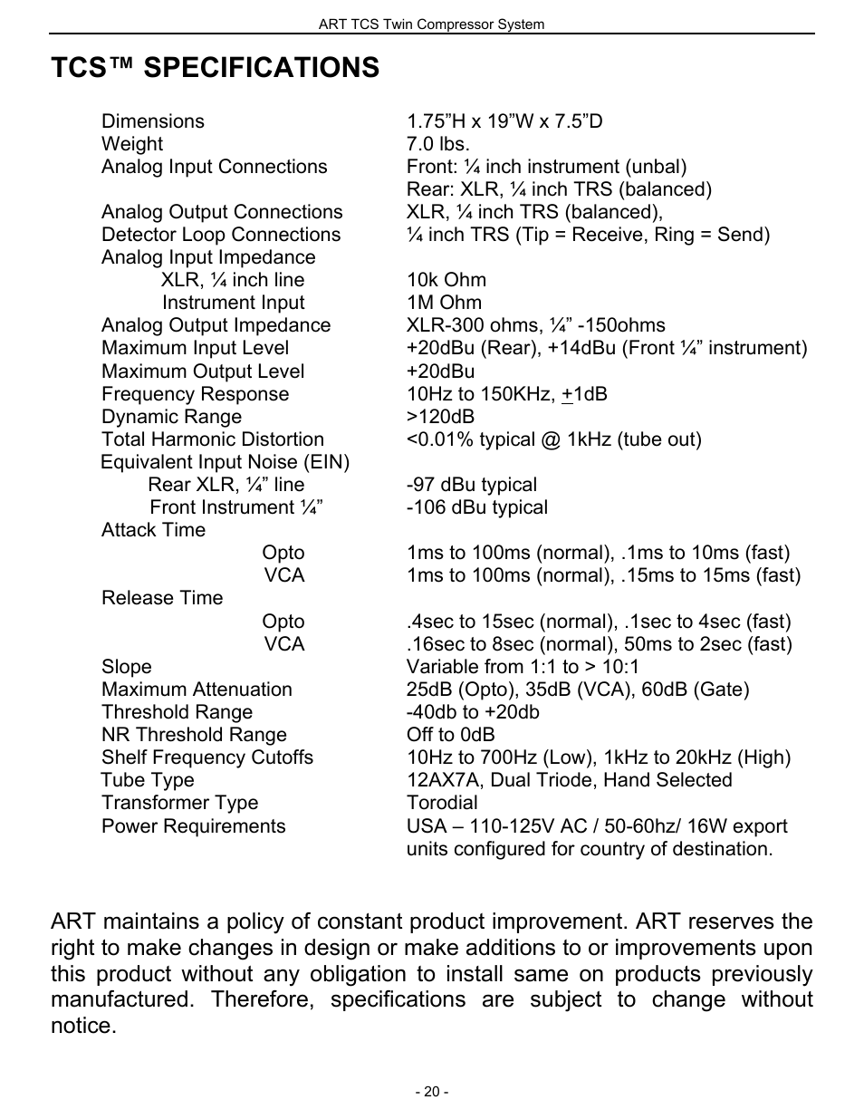 Tcs™ specifications | ART Pro Audio TCS - Twin Compressor System User Manual | Page 19 / 20