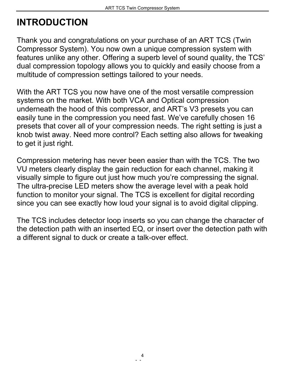 Introduction | ART Pro Audio TCS - Twin Compressor System User Manual | Page 3 / 20