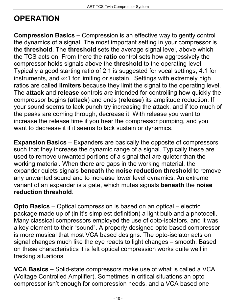 Operation | ART Pro Audio TCS - Twin Compressor System User Manual | Page 9 / 20