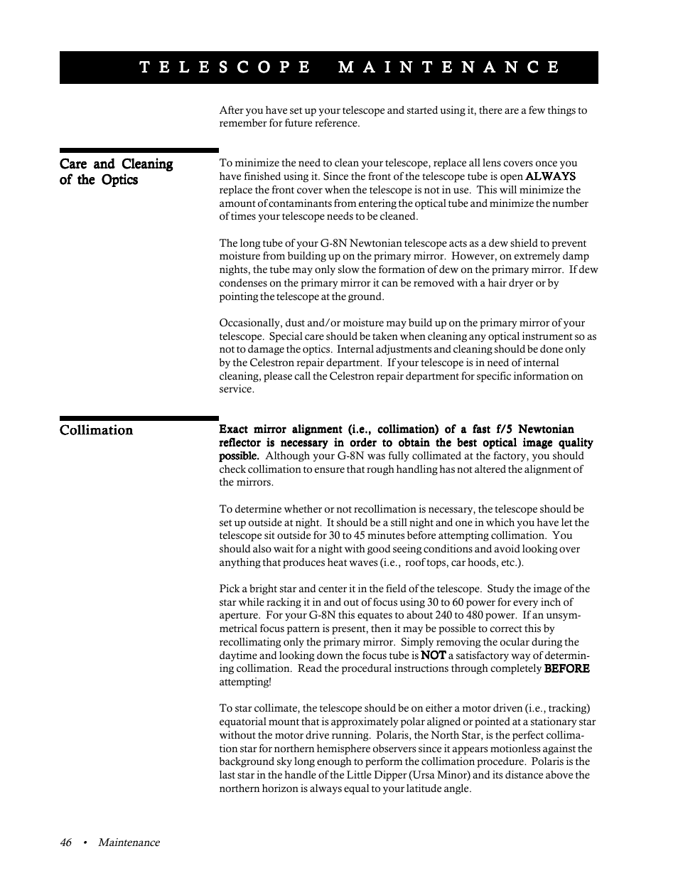 Telescope maintenance, Collimation | Celestron 31058 User Manual | Page 49 / 60