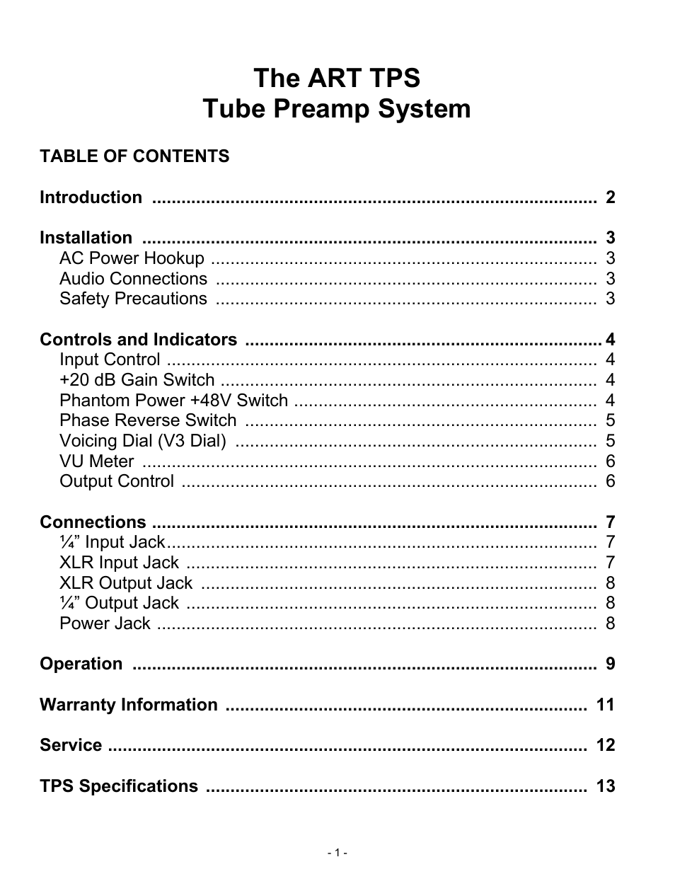 ART Pro Audio TPS - Tube Preamp System User Manual | 13 pages
