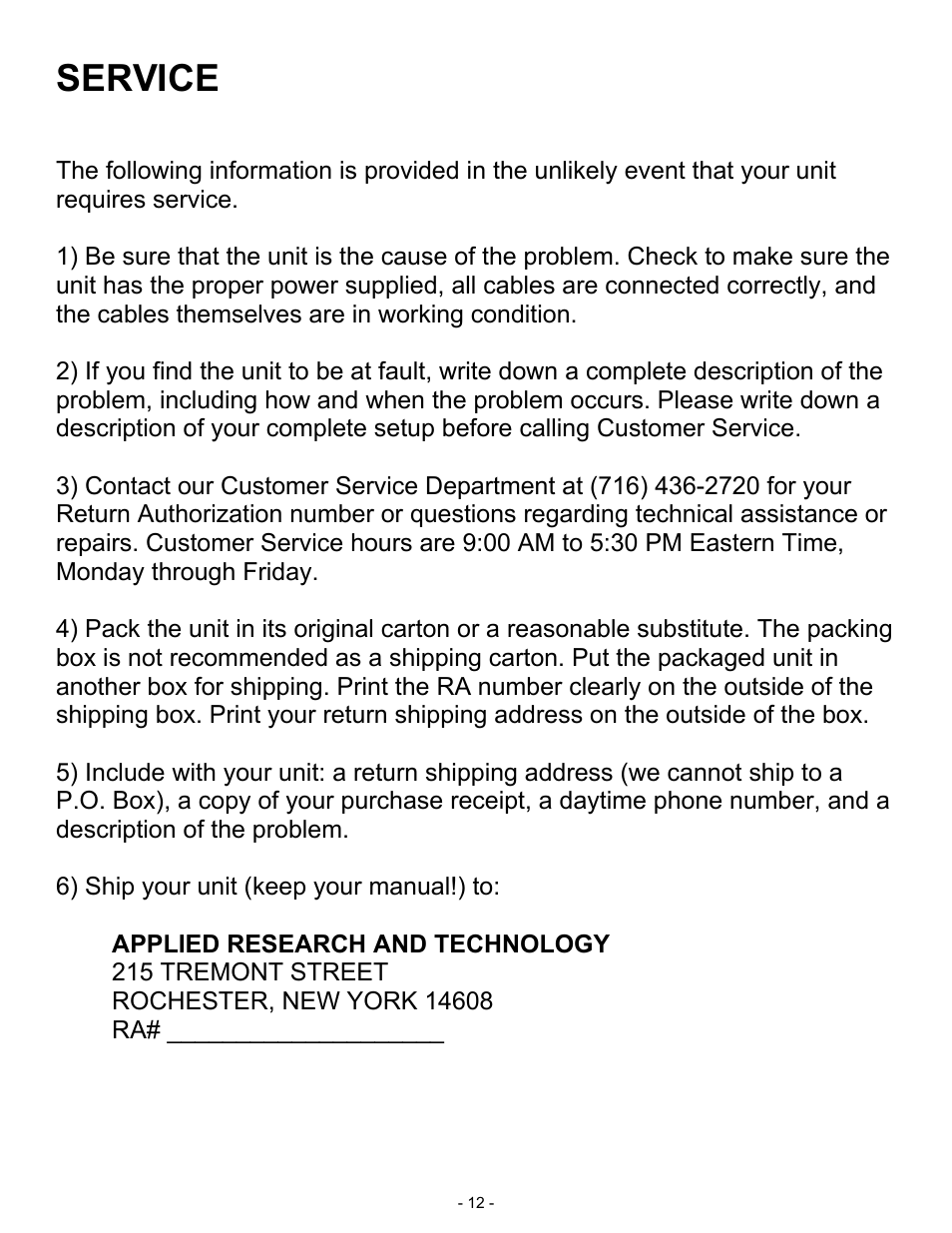 Service | ART Pro Audio TPS - Tube Preamp System User Manual | Page 12 / 13