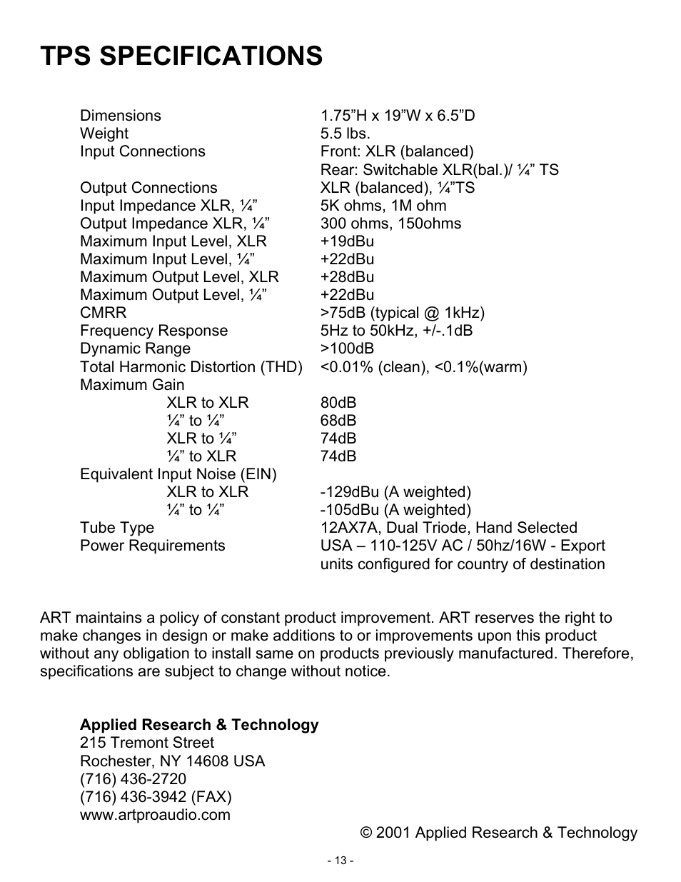 Tps specifications | ART Pro Audio TPS - Tube Preamp System User Manual | Page 13 / 13