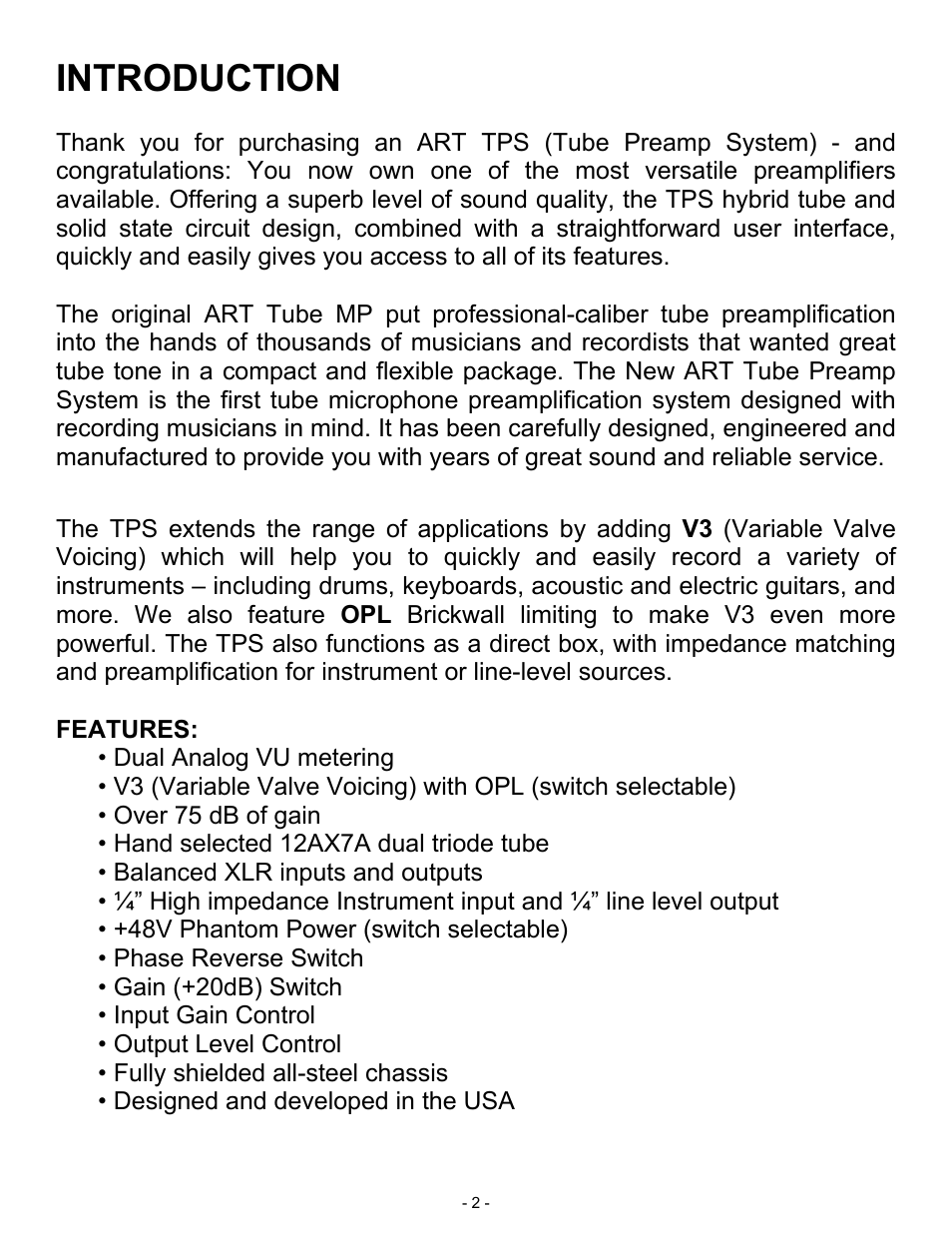 Introduction | ART Pro Audio TPS - Tube Preamp System User Manual | Page 2 / 13