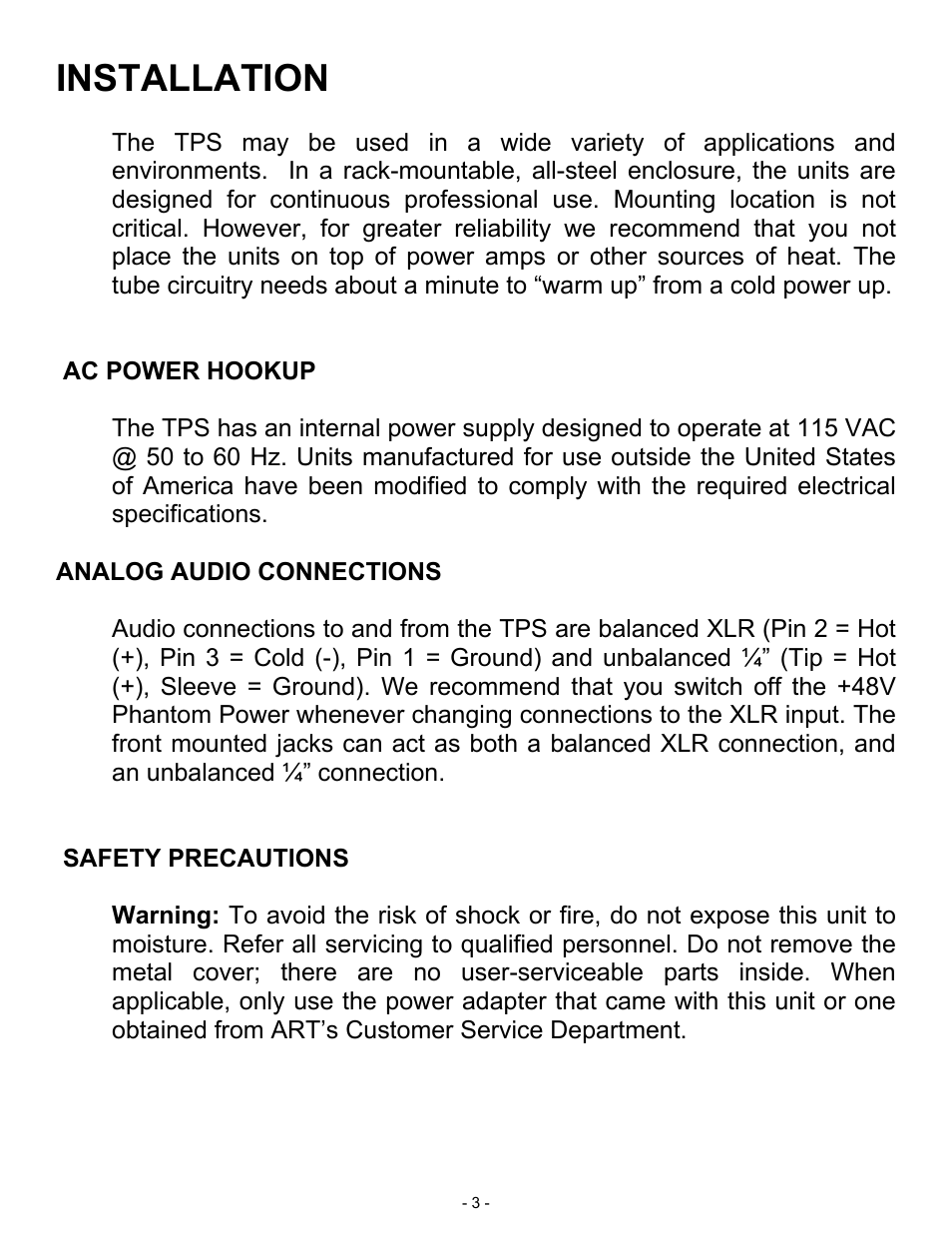 Installation | ART Pro Audio TPS - Tube Preamp System User Manual | Page 3 / 13