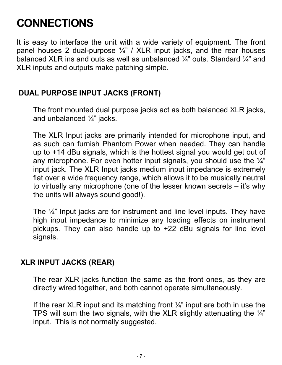 Connections | ART Pro Audio TPS - Tube Preamp System User Manual | Page 7 / 13