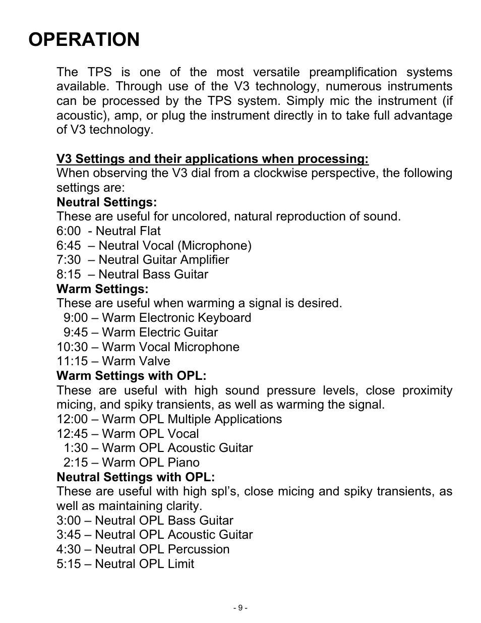 Operation | ART Pro Audio TPS - Tube Preamp System User Manual | Page 9 / 13