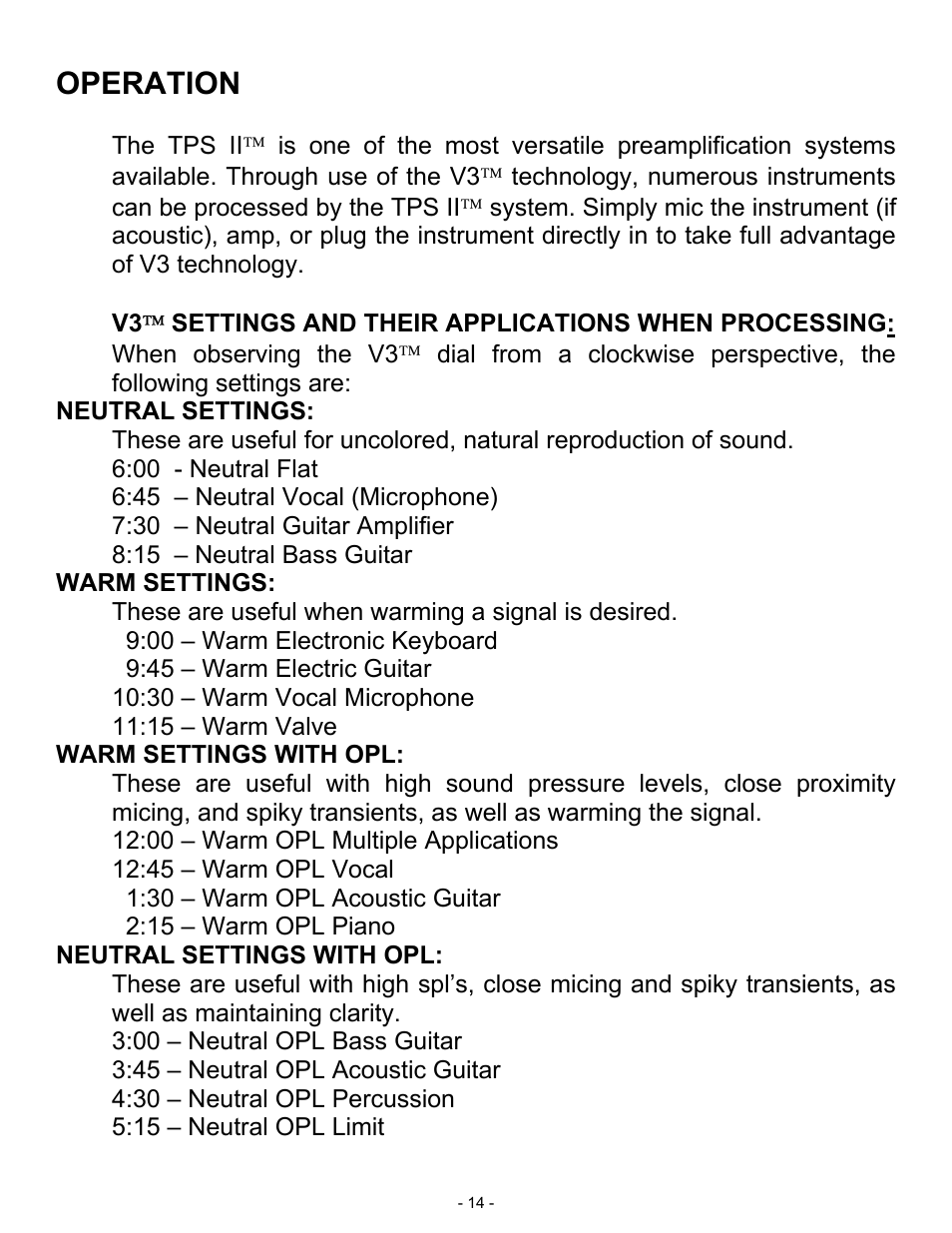 Operation | ART Pro Audio TPS II - Tube Preamplifier System User Manual | Page 14 / 18