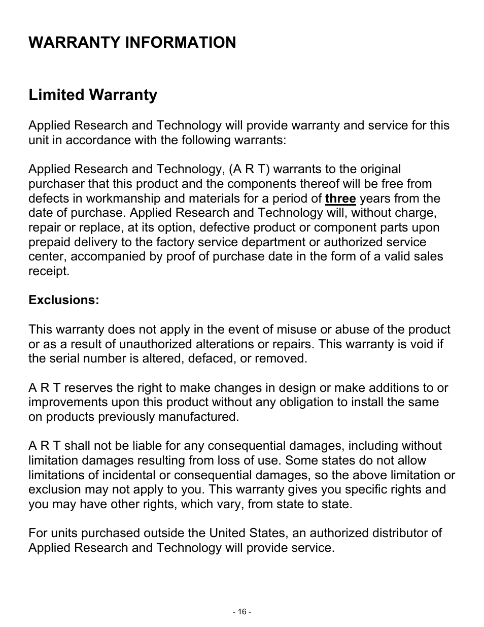 Warranty information, Limited warranty | ART Pro Audio TPS II - Tube Preamplifier System User Manual | Page 16 / 18
