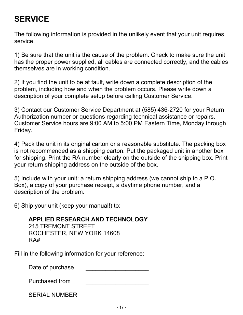 Service | ART Pro Audio TPS II - Tube Preamplifier System User Manual | Page 17 / 18