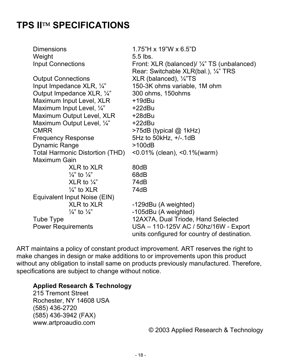 Tps ii  specifications | ART Pro Audio TPS II - Tube Preamplifier System User Manual | Page 18 / 18