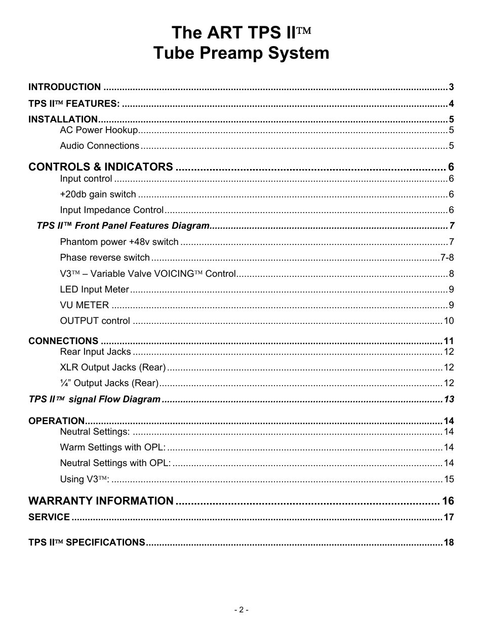 The art tps ii  tube preamp system | ART Pro Audio TPS II - Tube Preamplifier System User Manual | Page 2 / 18